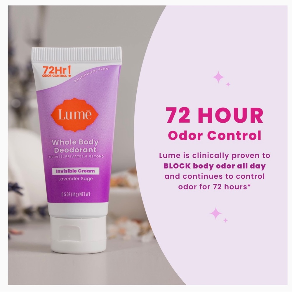 Lume sample size (travel size) whole body deodorant 14 grams each tube.